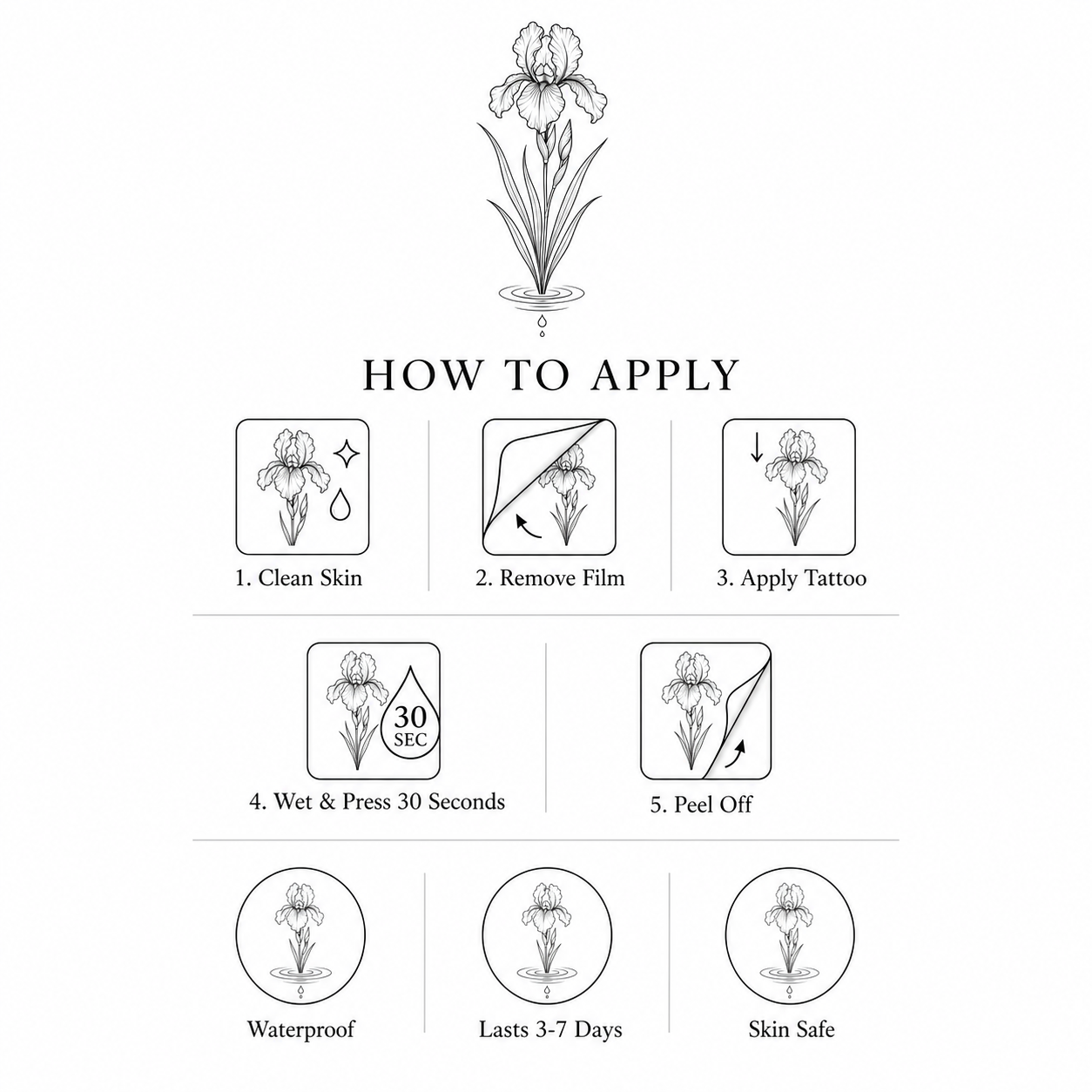 Botanical Iris Water Ripples Temporary Tattoo