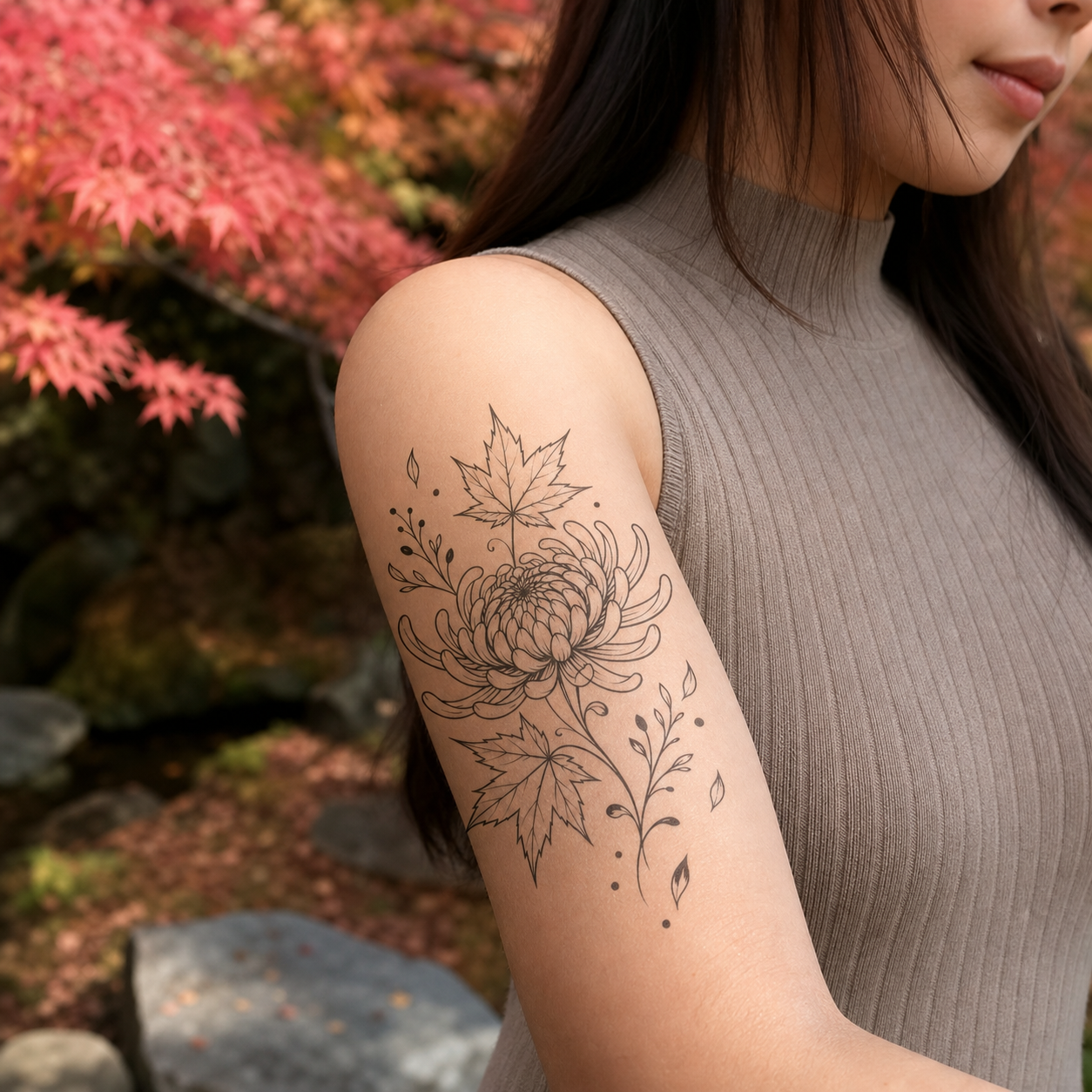Chrysanthemum & Maple Leaves Botanical Temporary Tattoo