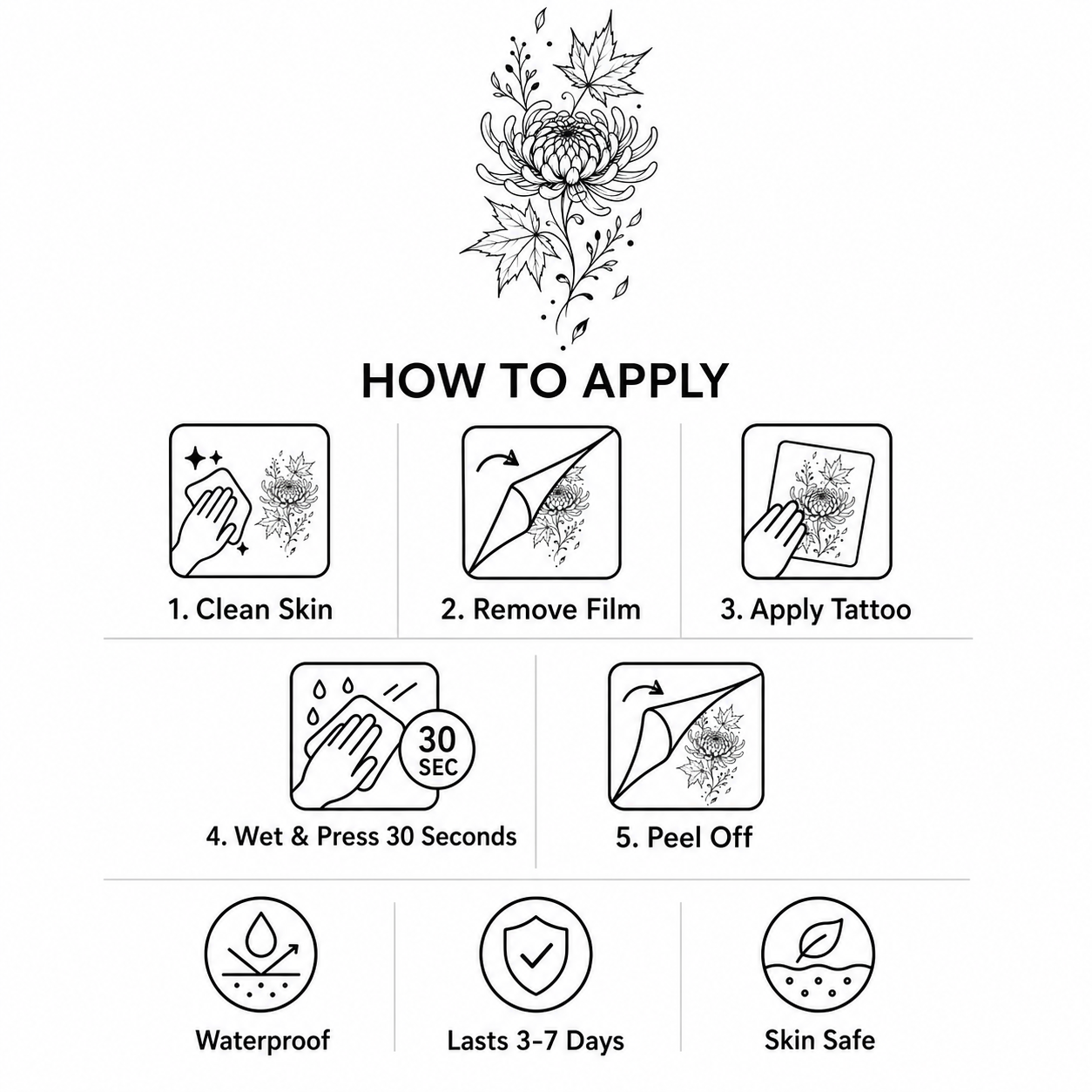 Chrysanthemum & Maple Leaves Botanical Temporary Tattoo