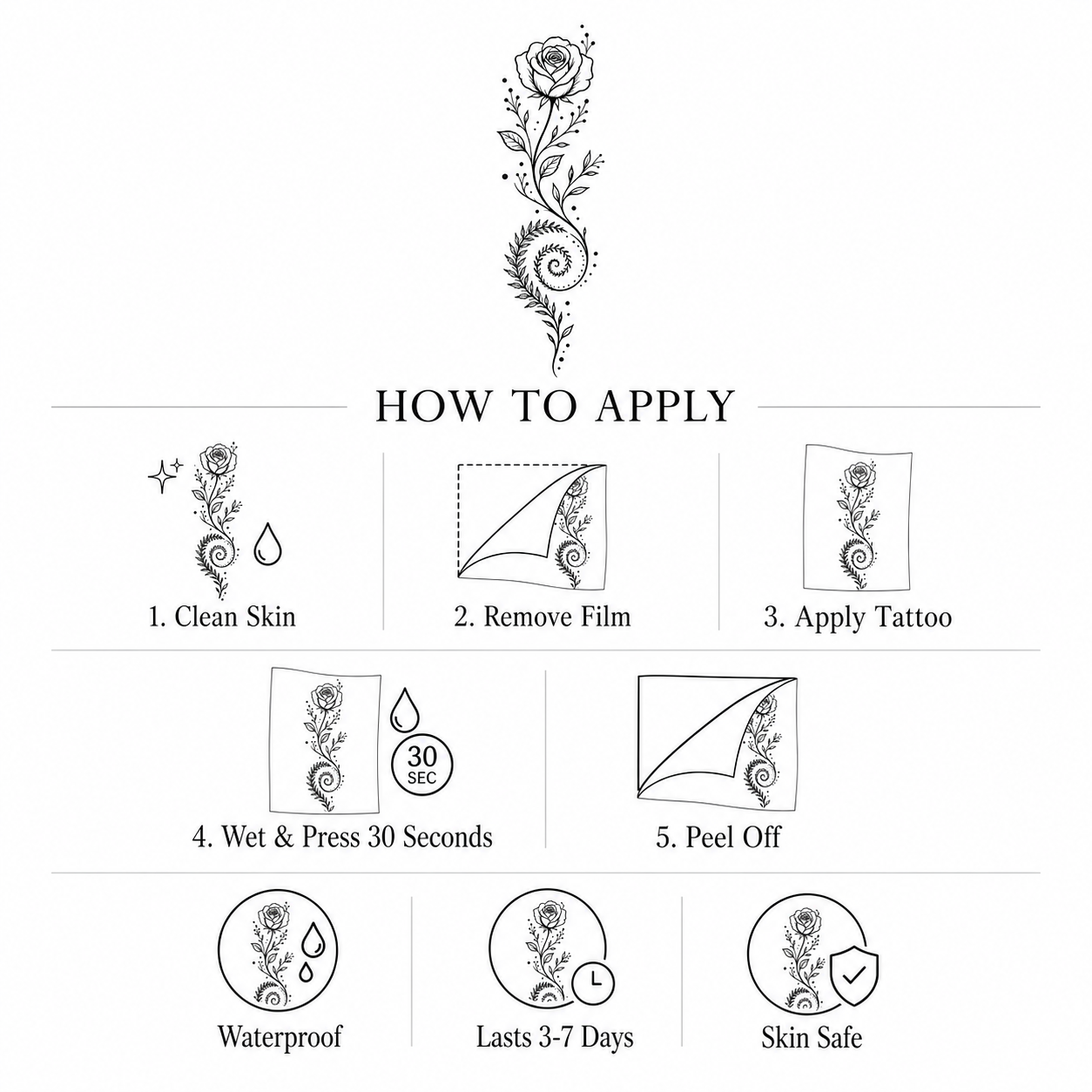 Botanical Rose Garland & Fern Spiral Temporary Tattoo
