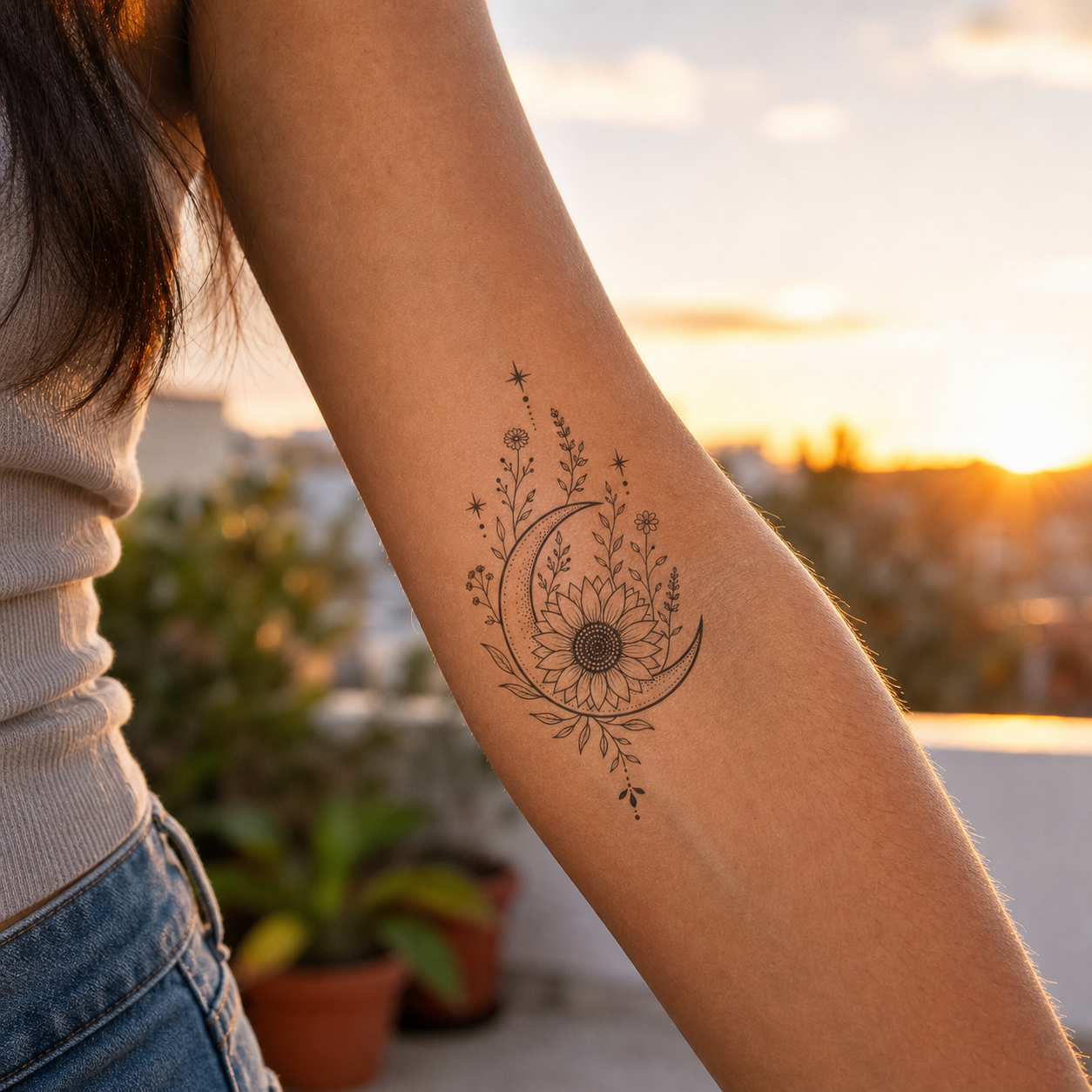 Sunflower Crescent Wildflowers Temporary Tattoo
