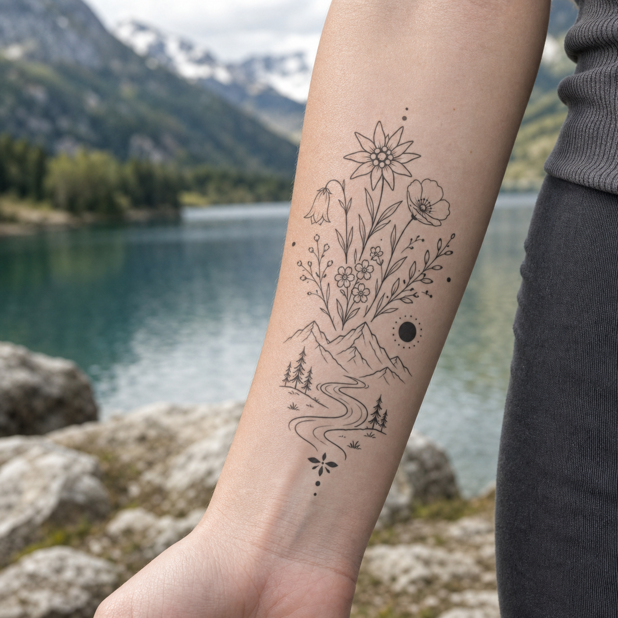 Alpine Flower & Mountain River Temporary Tattoo