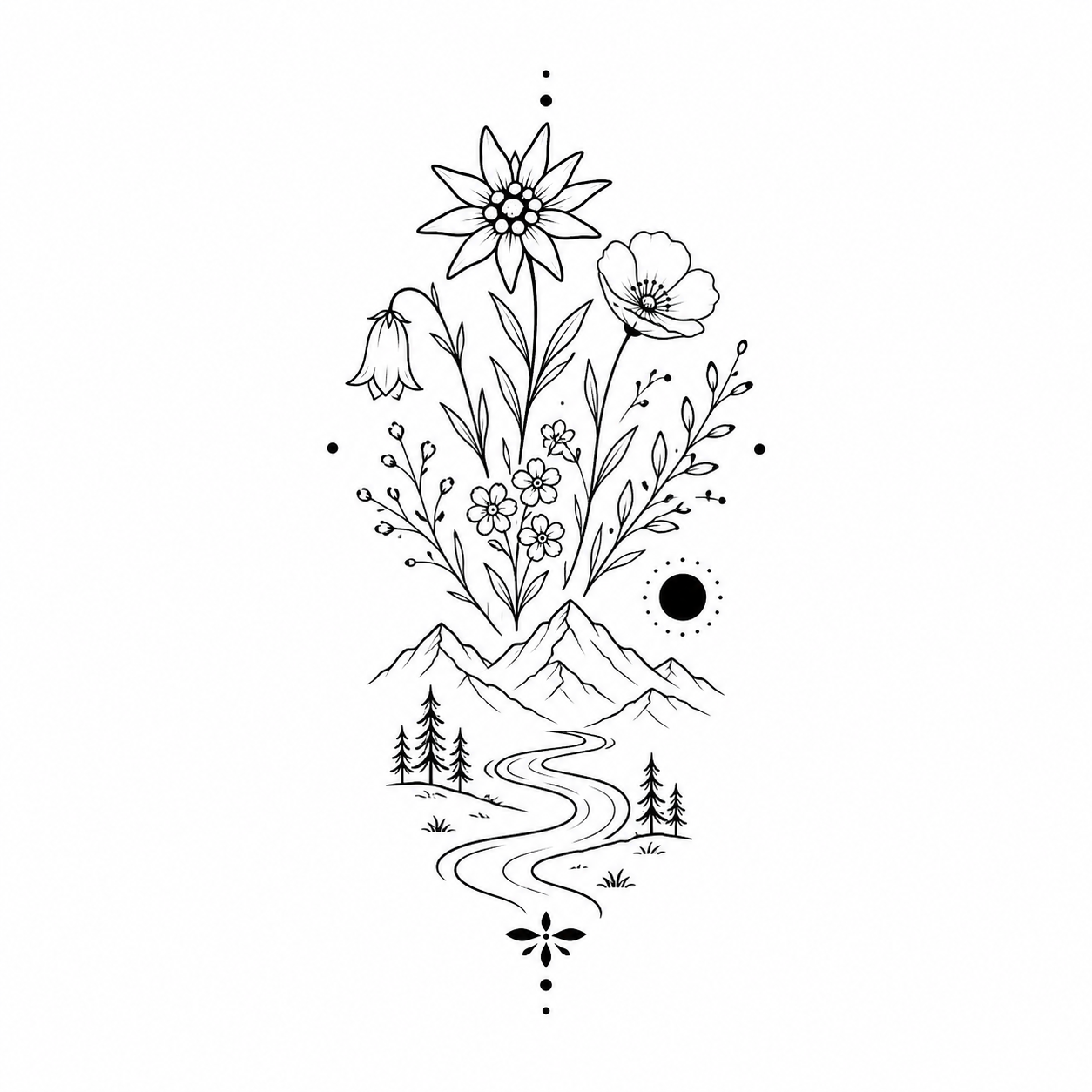 Alpine Flower & Mountain River Temporary Tattoo