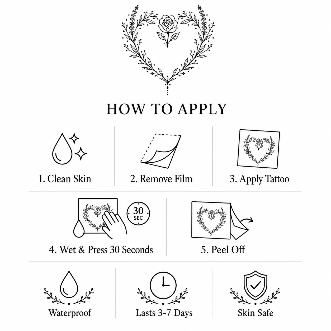 Botanical Heart Rose & Lavender Temporary Tattoo