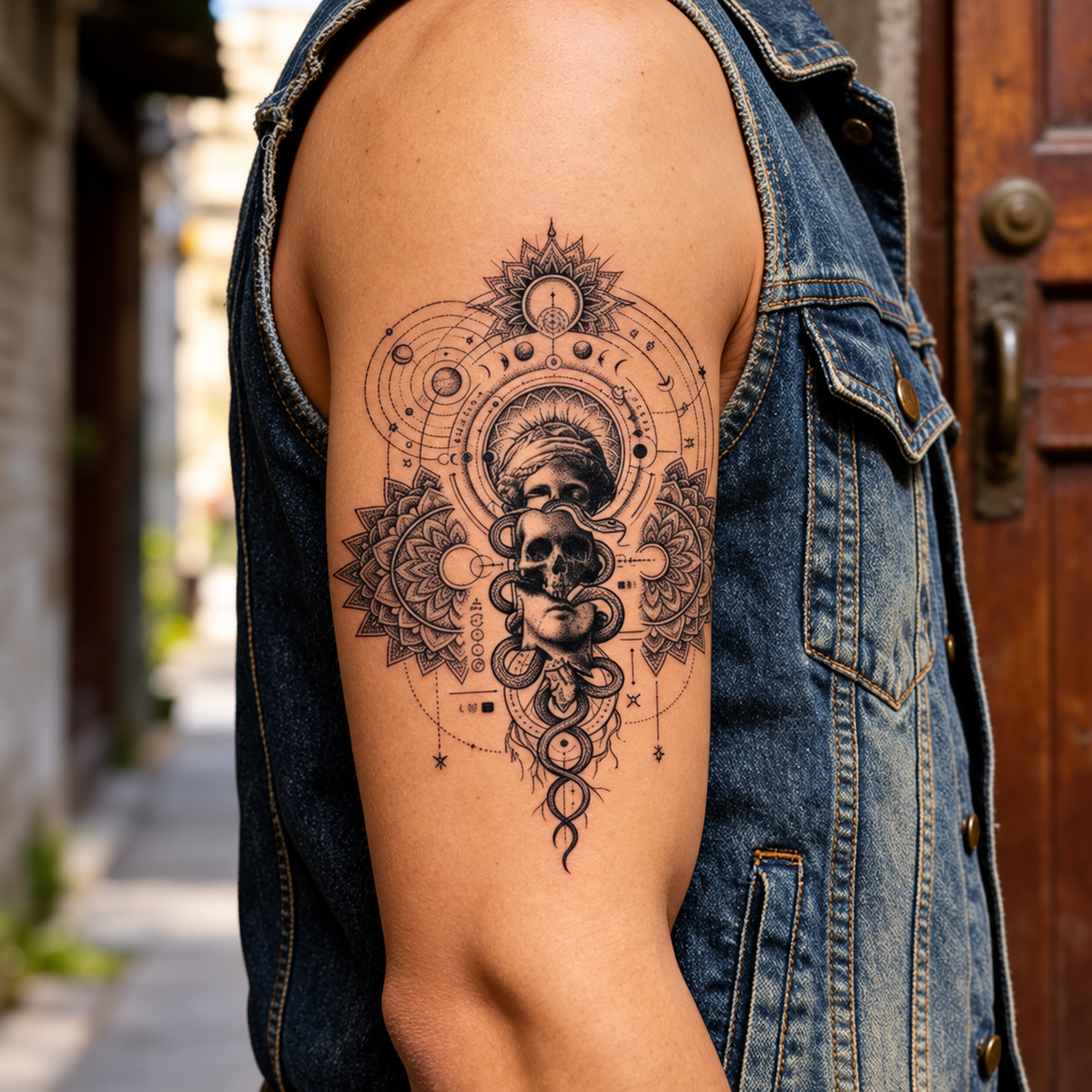 Celestial Skull Snake Mandala Temporary Tattoo