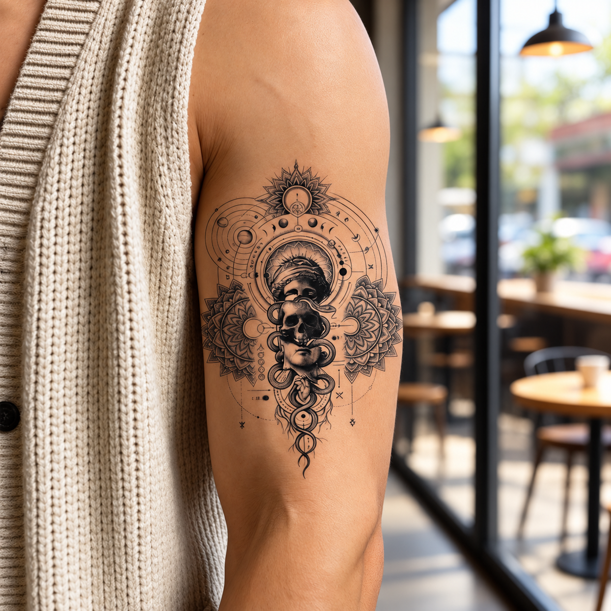 Celestial Skull Snake Mandala Temporary Tattoo