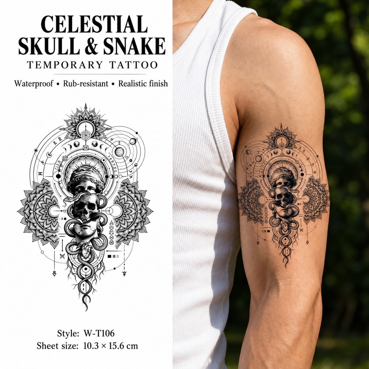 Celestial Skull Snake Mandala Temporary Tattoo