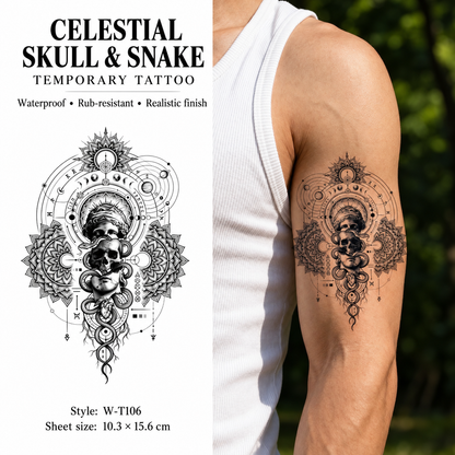 Celestial Skull Snake Mandala Temporary Tattoo