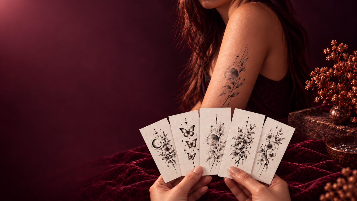 Experimental temporary tattoo artwork worn on skin in the SuperInkLab studio