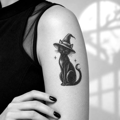 Witch Cat Temporary Tattoo – Herbal or Matte, Multiple Sizes