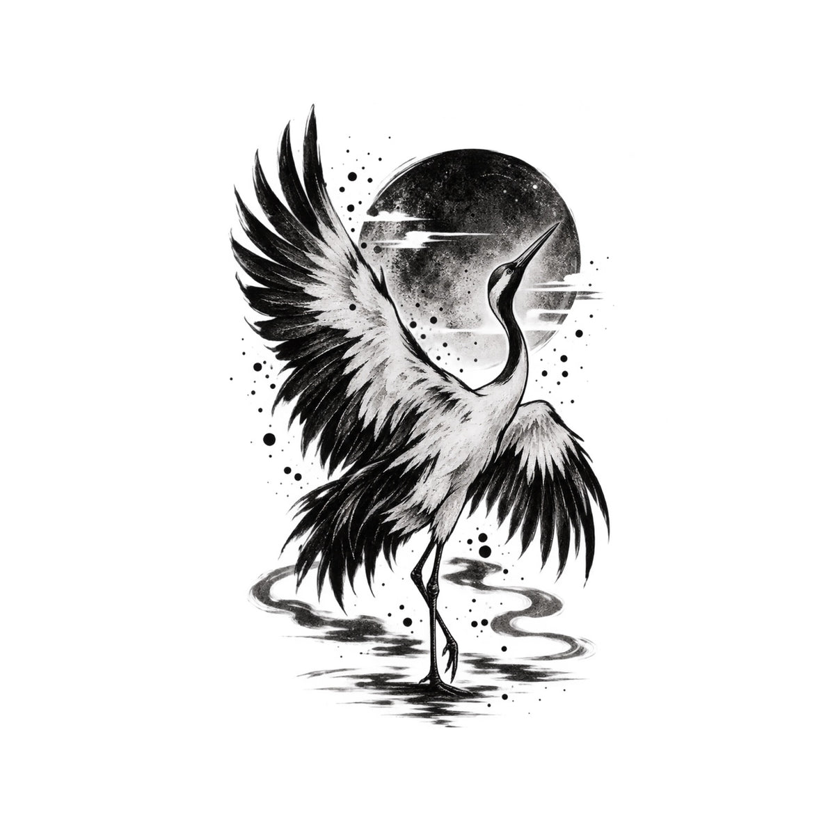 Japanese Minimalism Crane Sun Graphic Temporary Tattoo