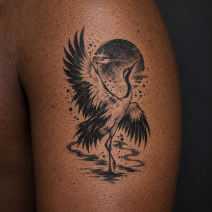 Japanese Minimalism Crane Sun Graphic Temporary Tattoo