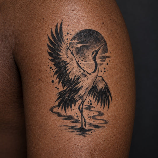 Japanese Minimalism Crane Sun Graphic Temporary Tattoo