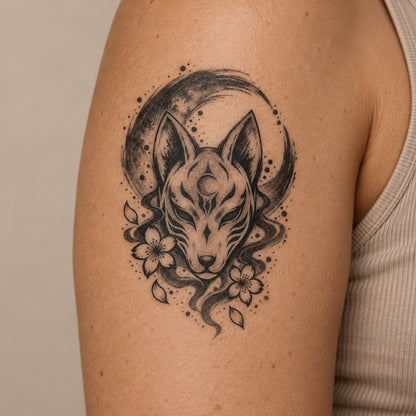Kitsune Moon Japanese Minimalist Temporary Tattoo