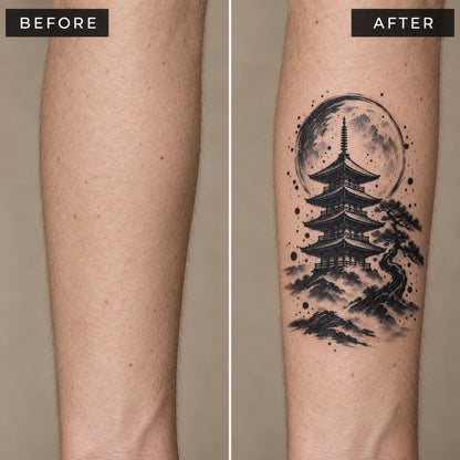 Japanese Minimalism Pagoda Mist Temporary Tattoo