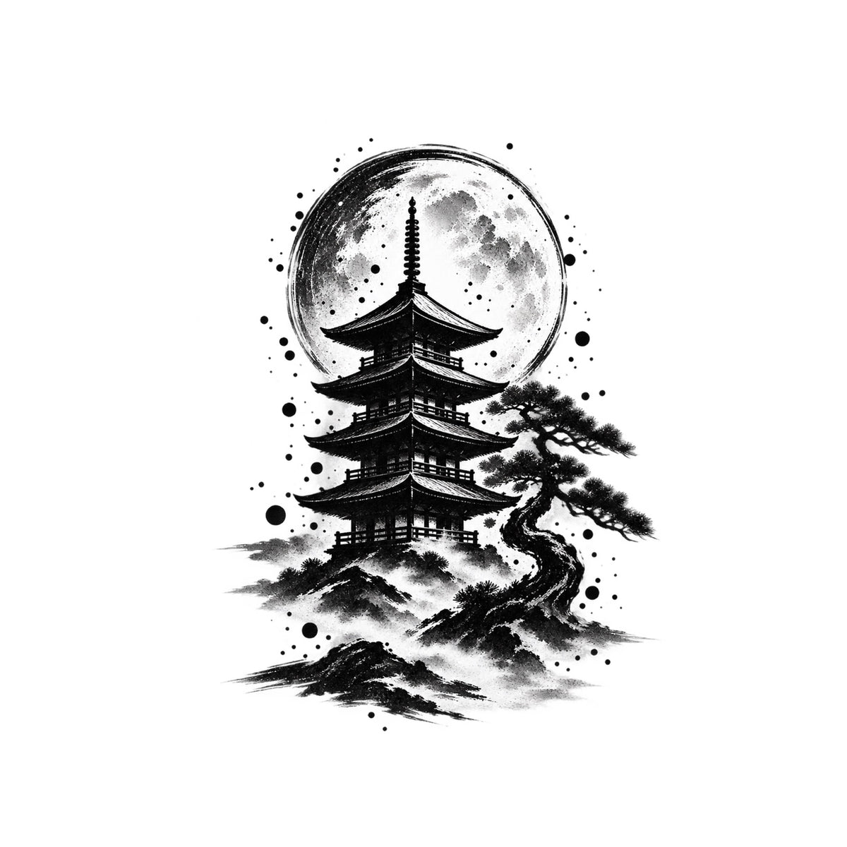 Japanese Minimalism Pagoda Mist Temporary Tattoo