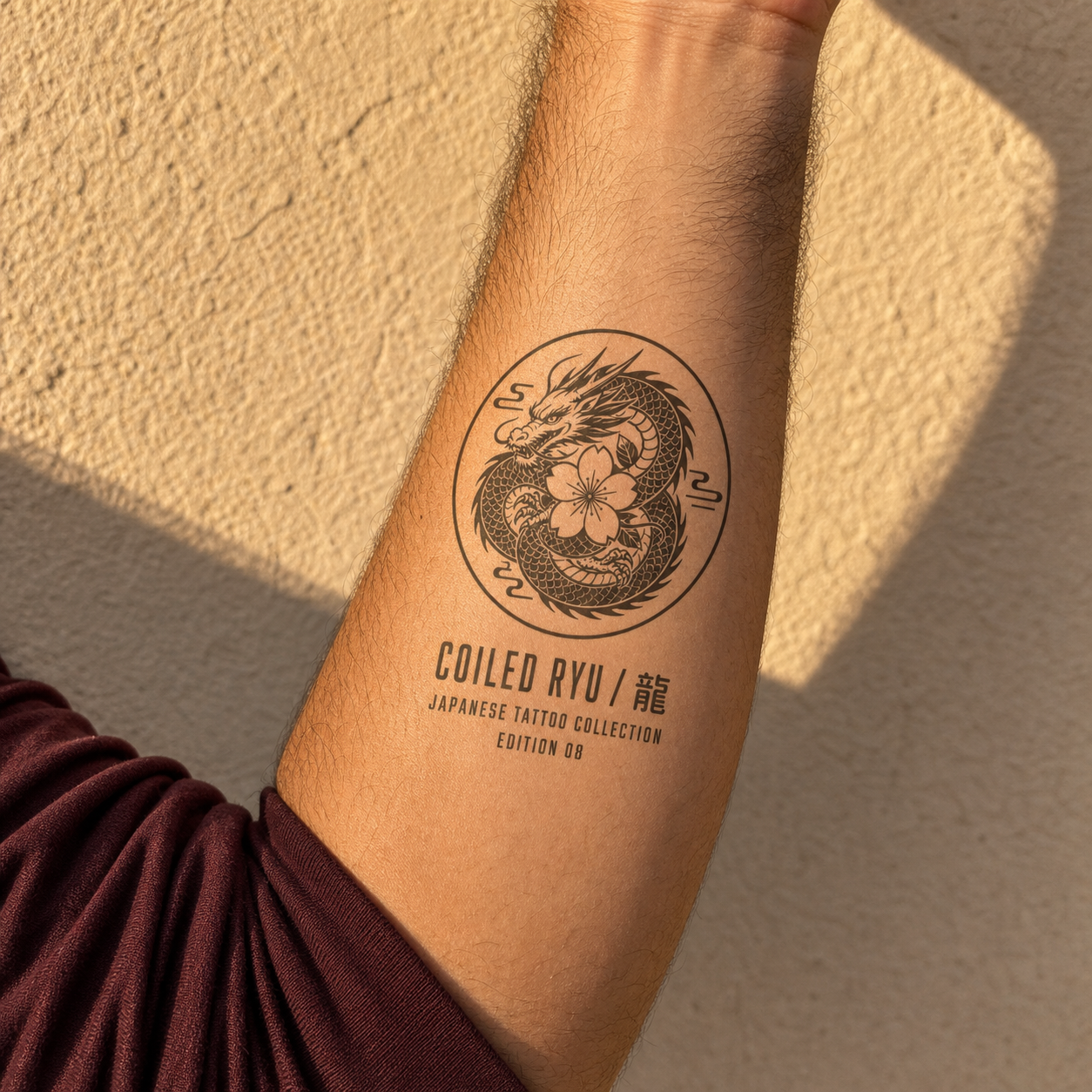 Coiled Dragon & Sakura Japanese Temporary Tattoo