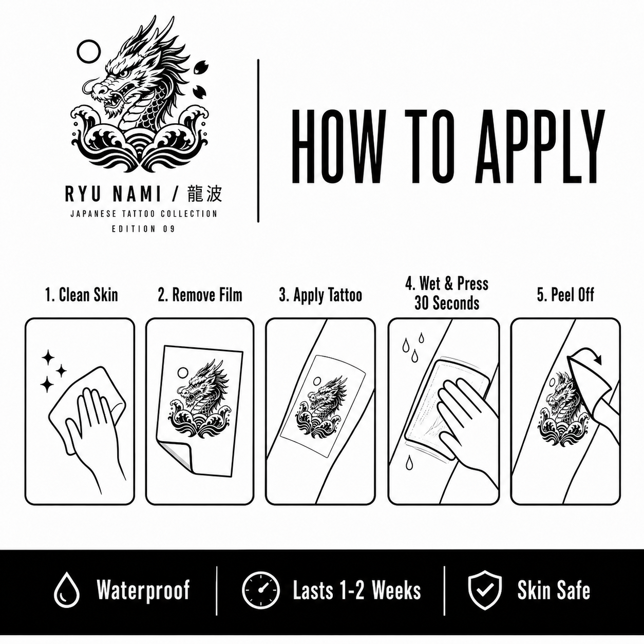 Japanese Dragon Wave Crest Temporary Tattoo