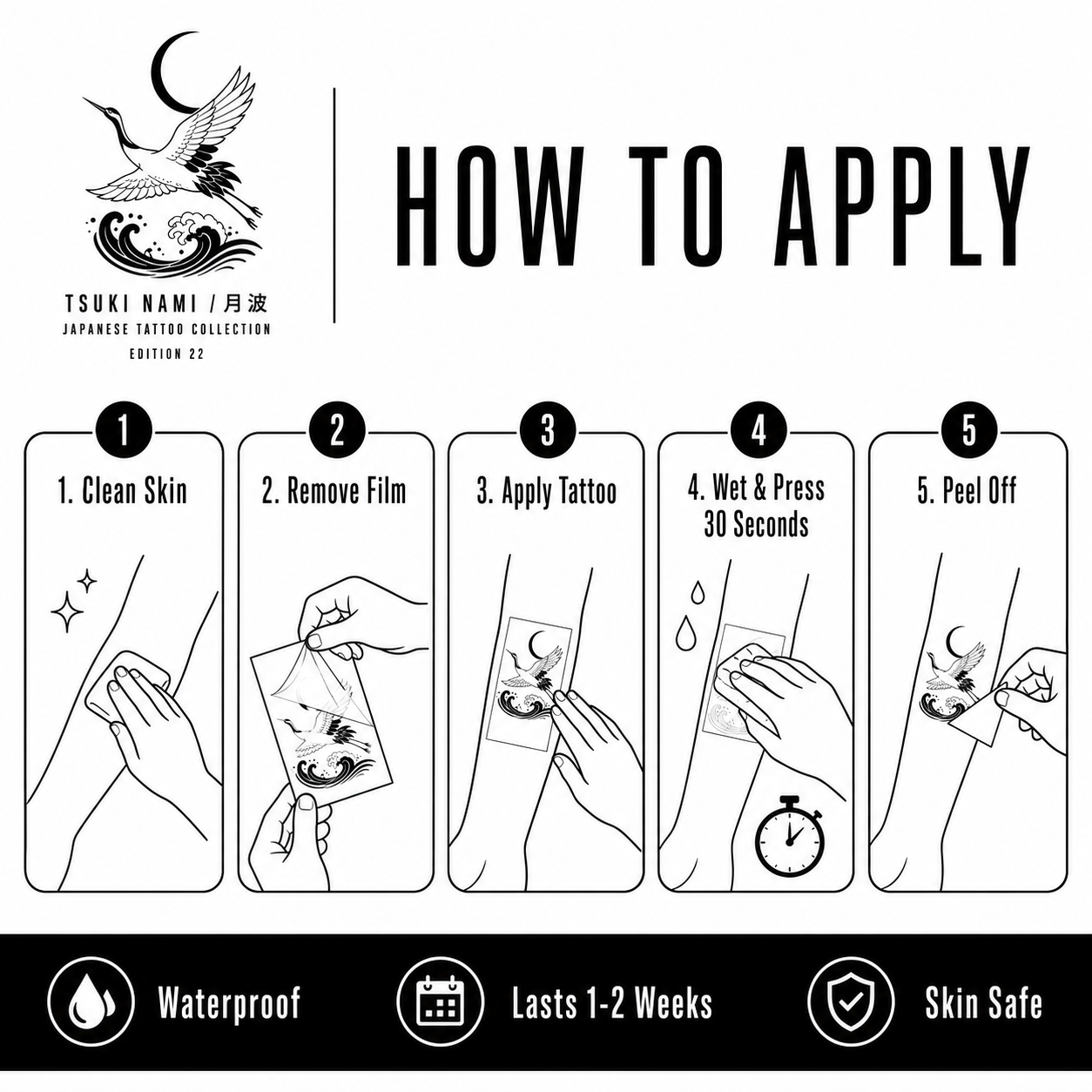 Japanese Moon Wave Crane Temporary Tattoo (22)