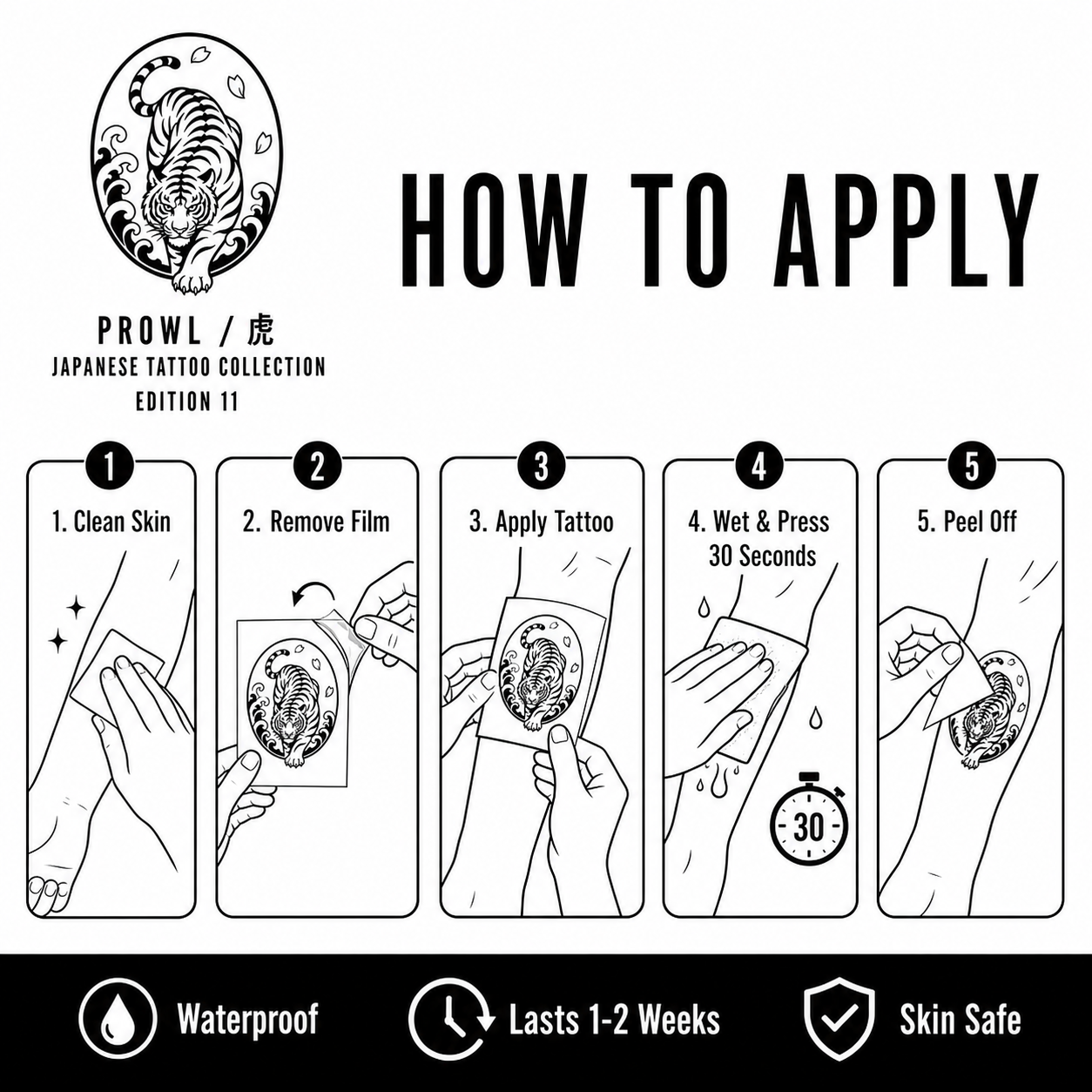 Prowling Tiger Wave Temporary Tattoo