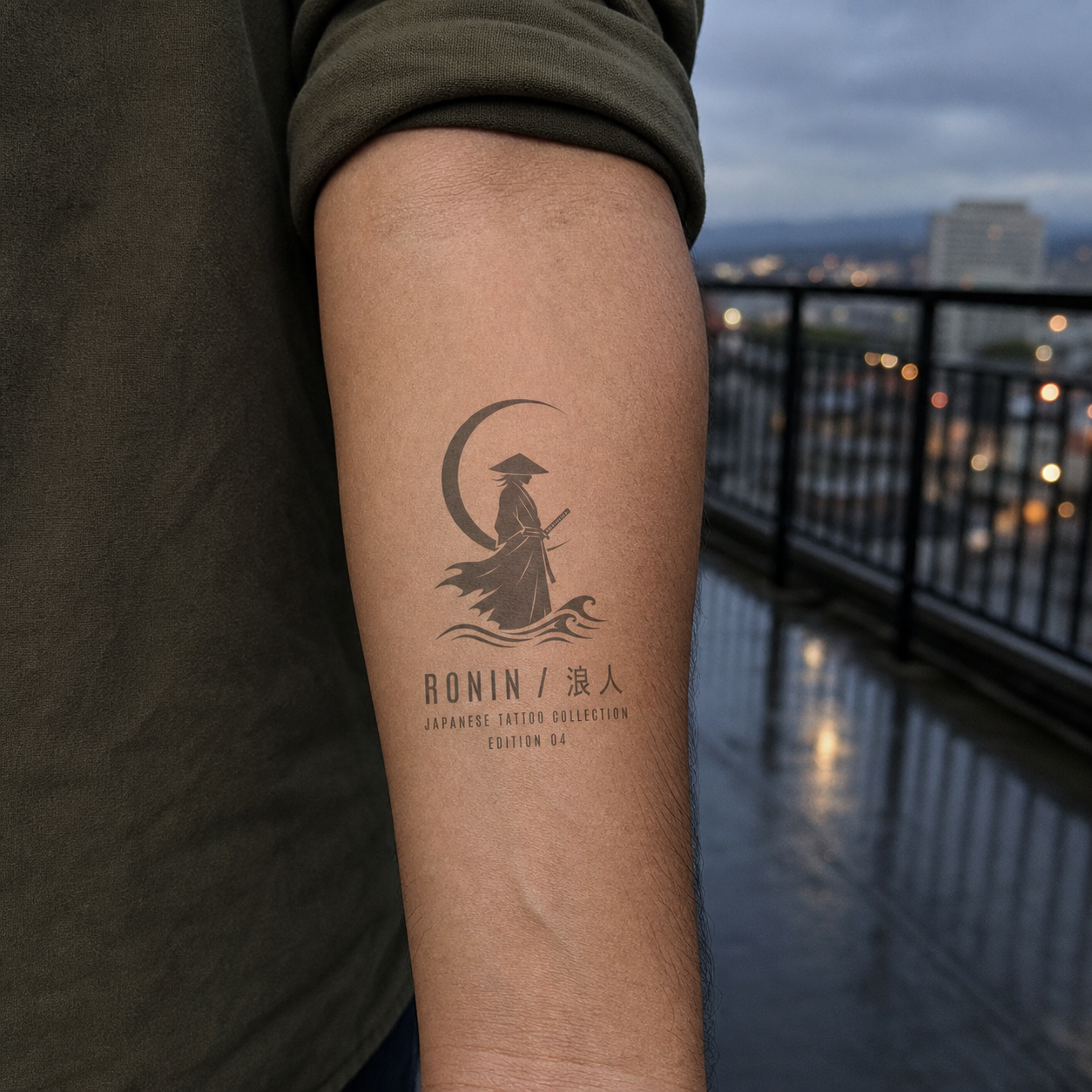 Japanese Ronin Moon Wave Temporary Tattoo