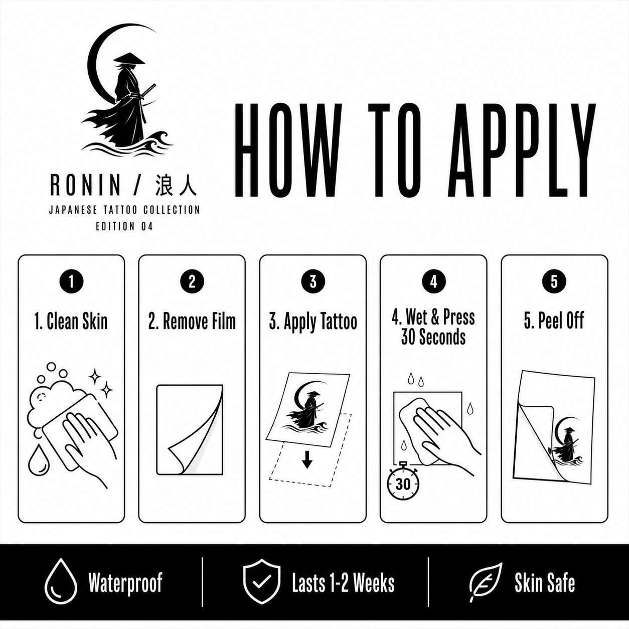 Japanese Ronin Moon Wave Temporary Tattoo