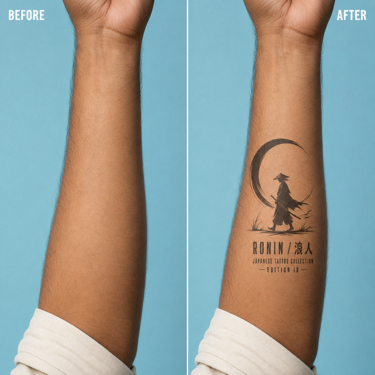 Japanese Ronin Silhouette Moon Temporary Tattoo