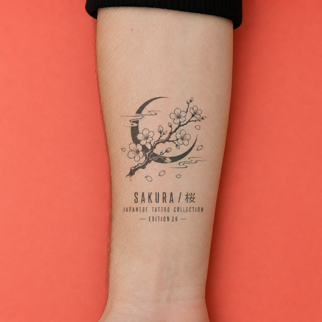 Japanese Sakura Branch Moon Temporary Tattoo