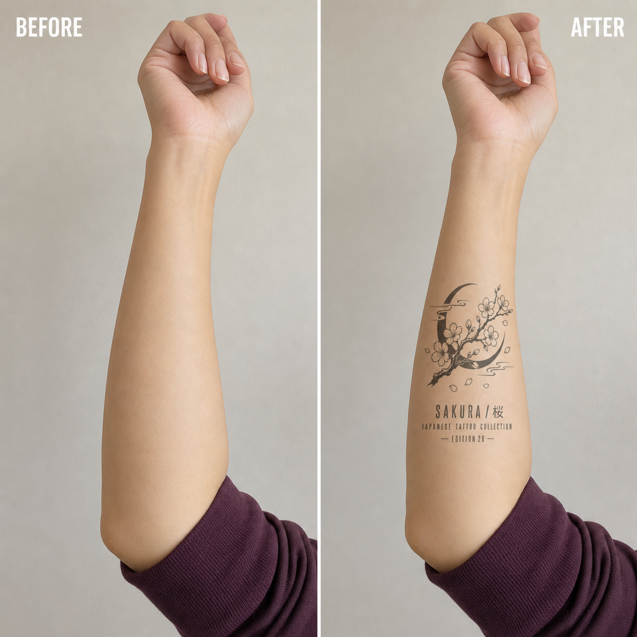 Japanese Sakura Branch Moon Temporary Tattoo