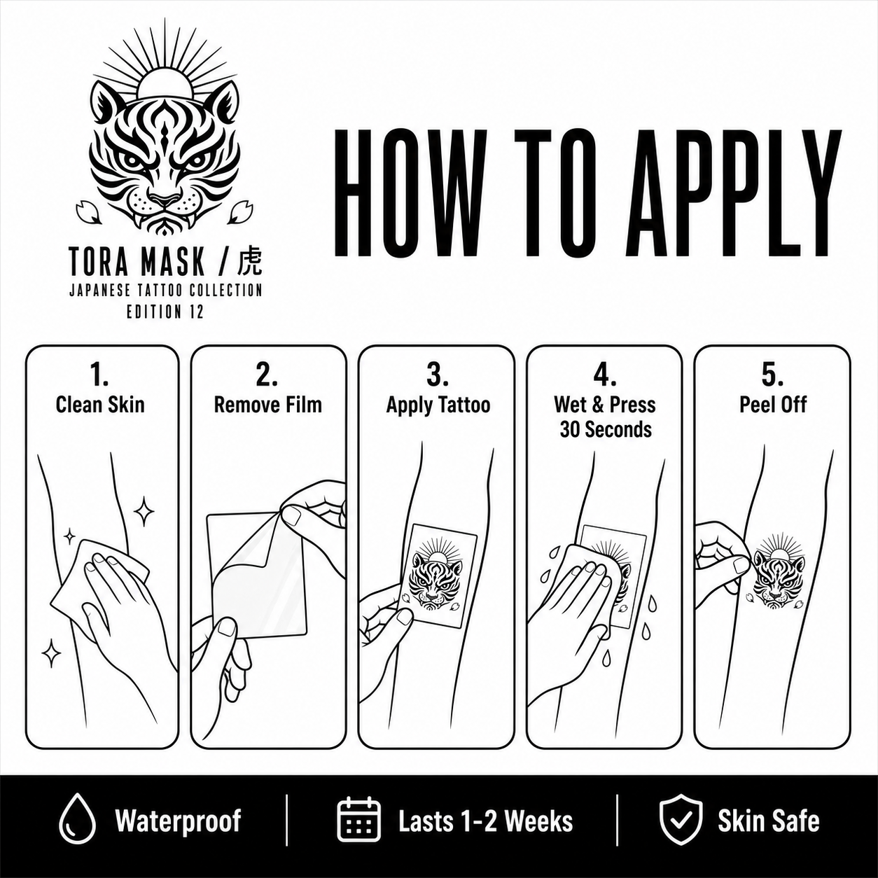 Japanese Tiger Mask Sun Temporary Tattoo