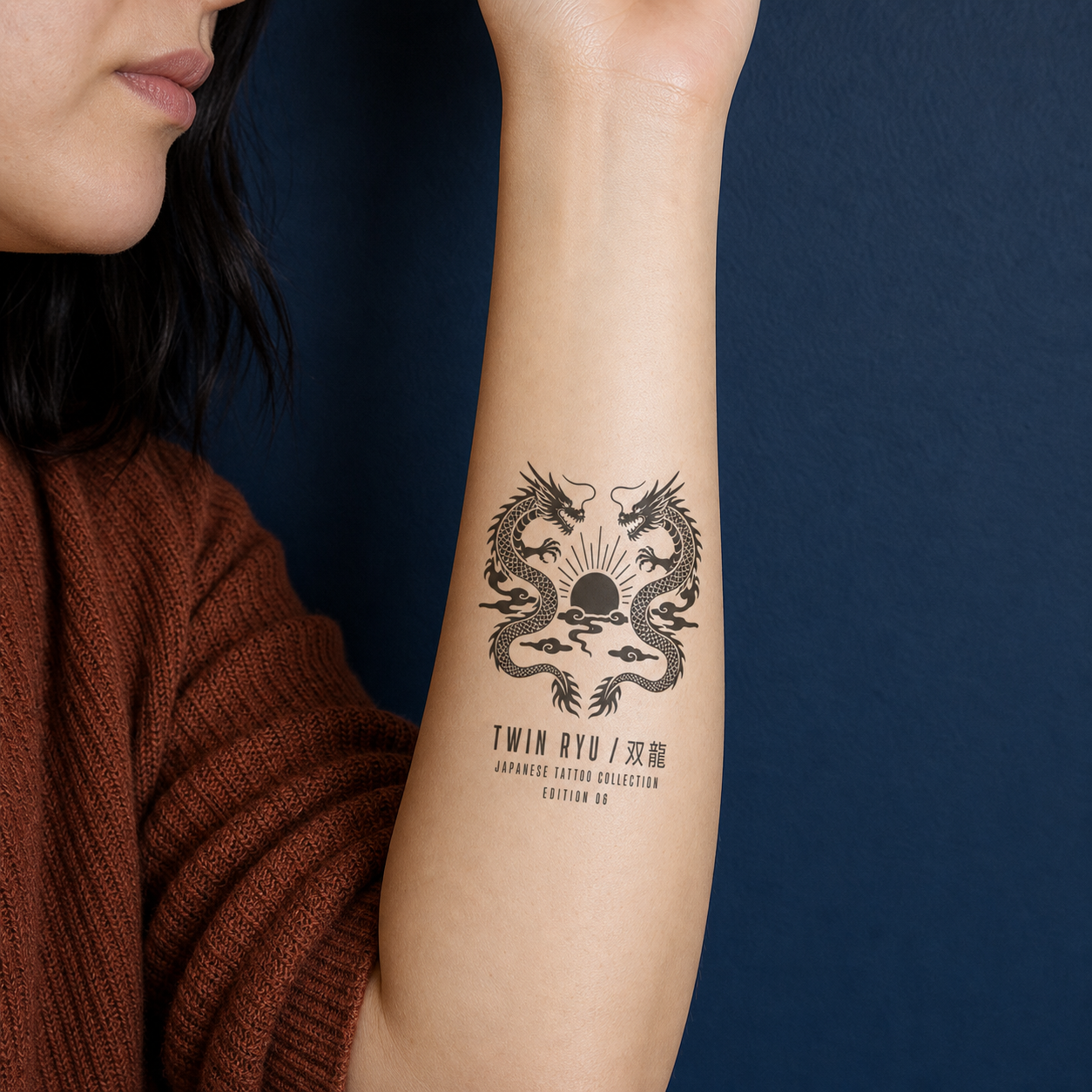 Twin Dragons Japanese Style Temporary Tattoo with Sun