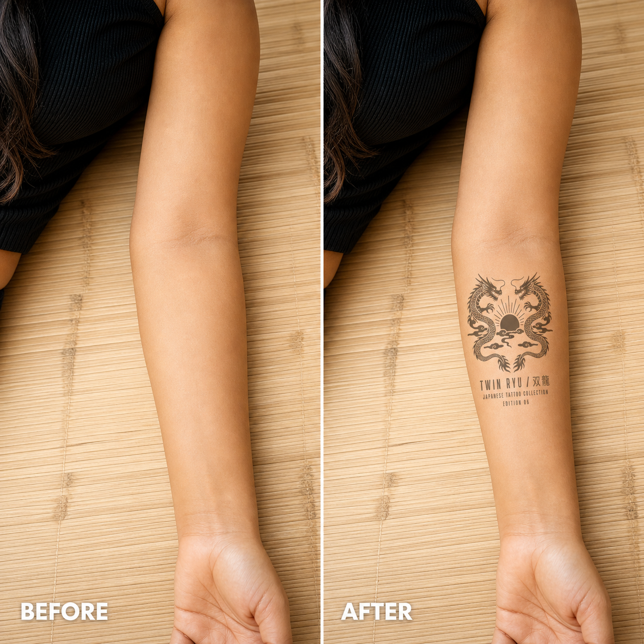 Twin Dragons Japanese Style Temporary Tattoo with Sun