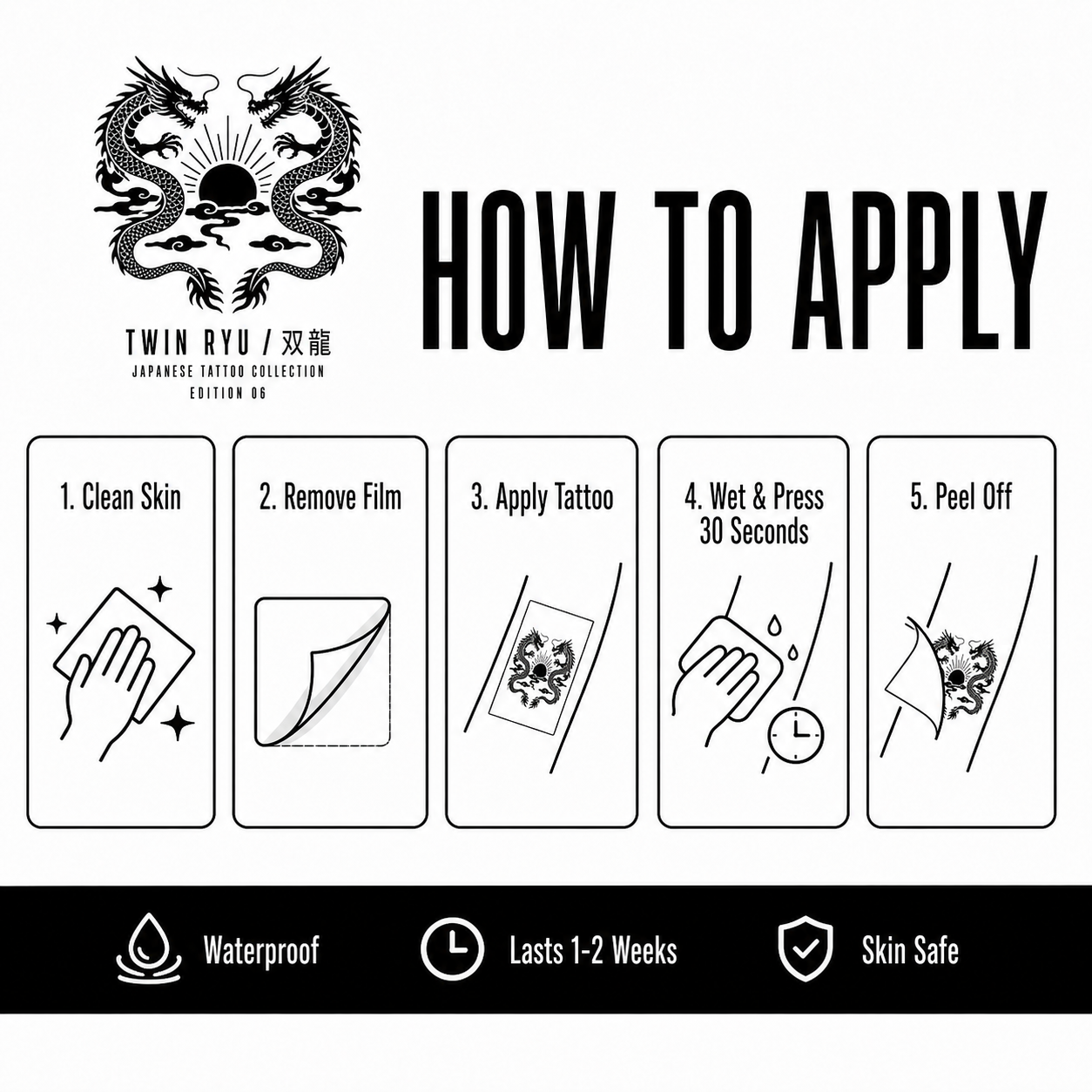 Twin Dragons Japanese Style Temporary Tattoo with Sun