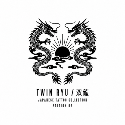 Twin Dragons Japanese Style Temporary Tattoo with Sun