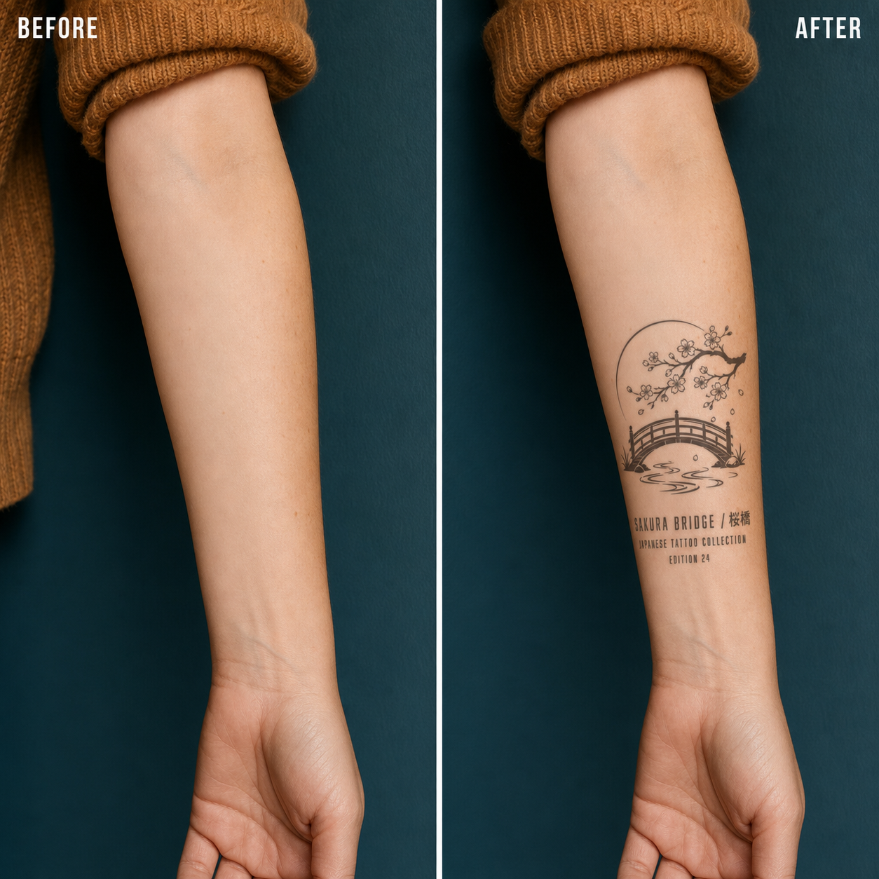 Japanese Ukiyo-e Bridge Sakura Temporary Tattoo