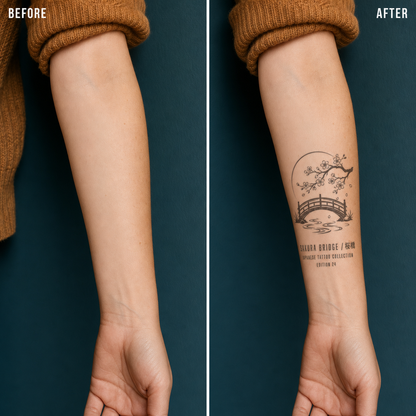 Japanese Ukiyo-e Bridge Sakura Temporary Tattoo