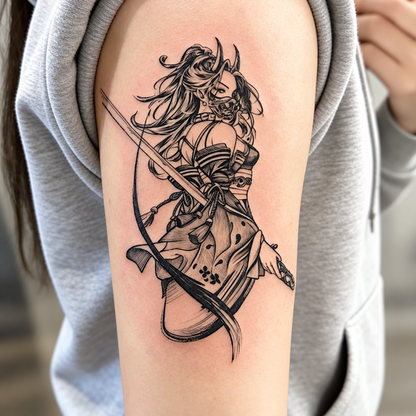 Oni Mask Samurai Woman Temporary Tattoo