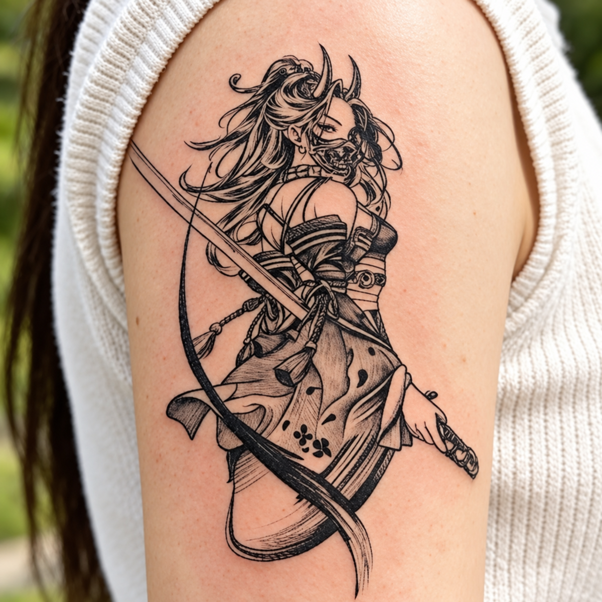 Oni Mask Samurai Woman Temporary Tattoo