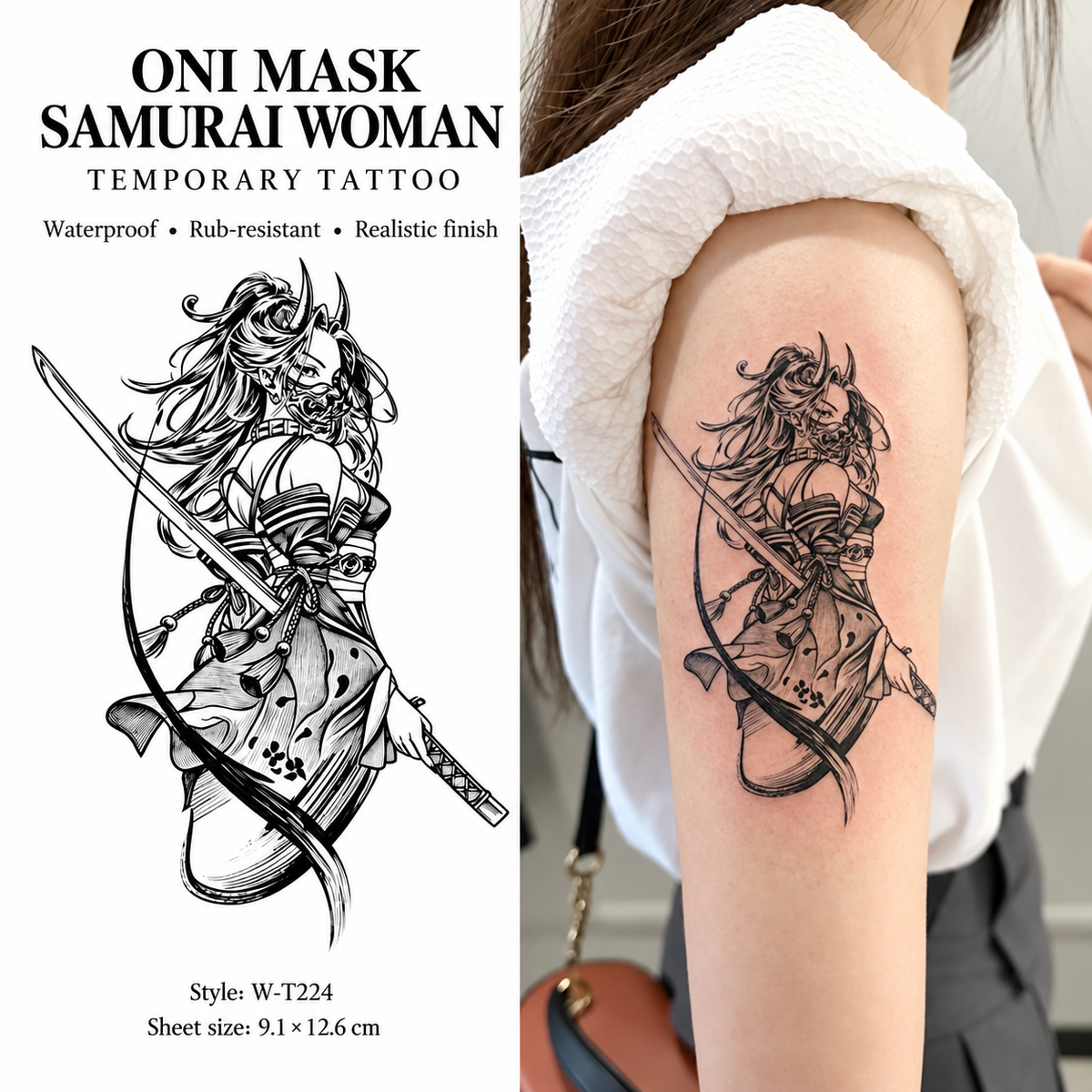 Oni Mask Samurai Woman Temporary Tattoo