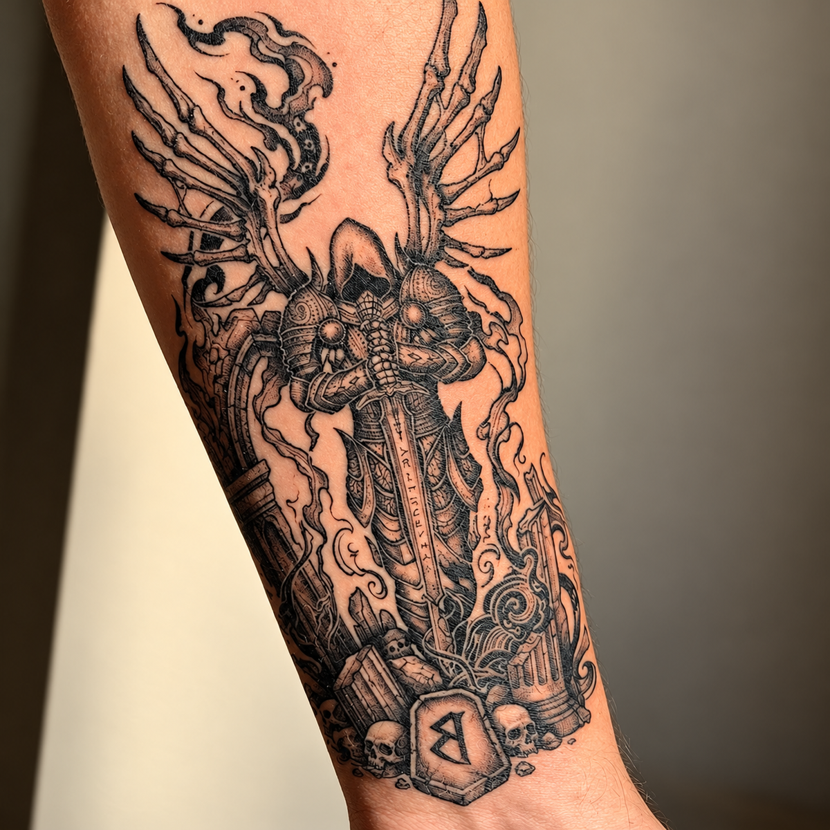 Skeletal Winged Knight Temporary Tattoo