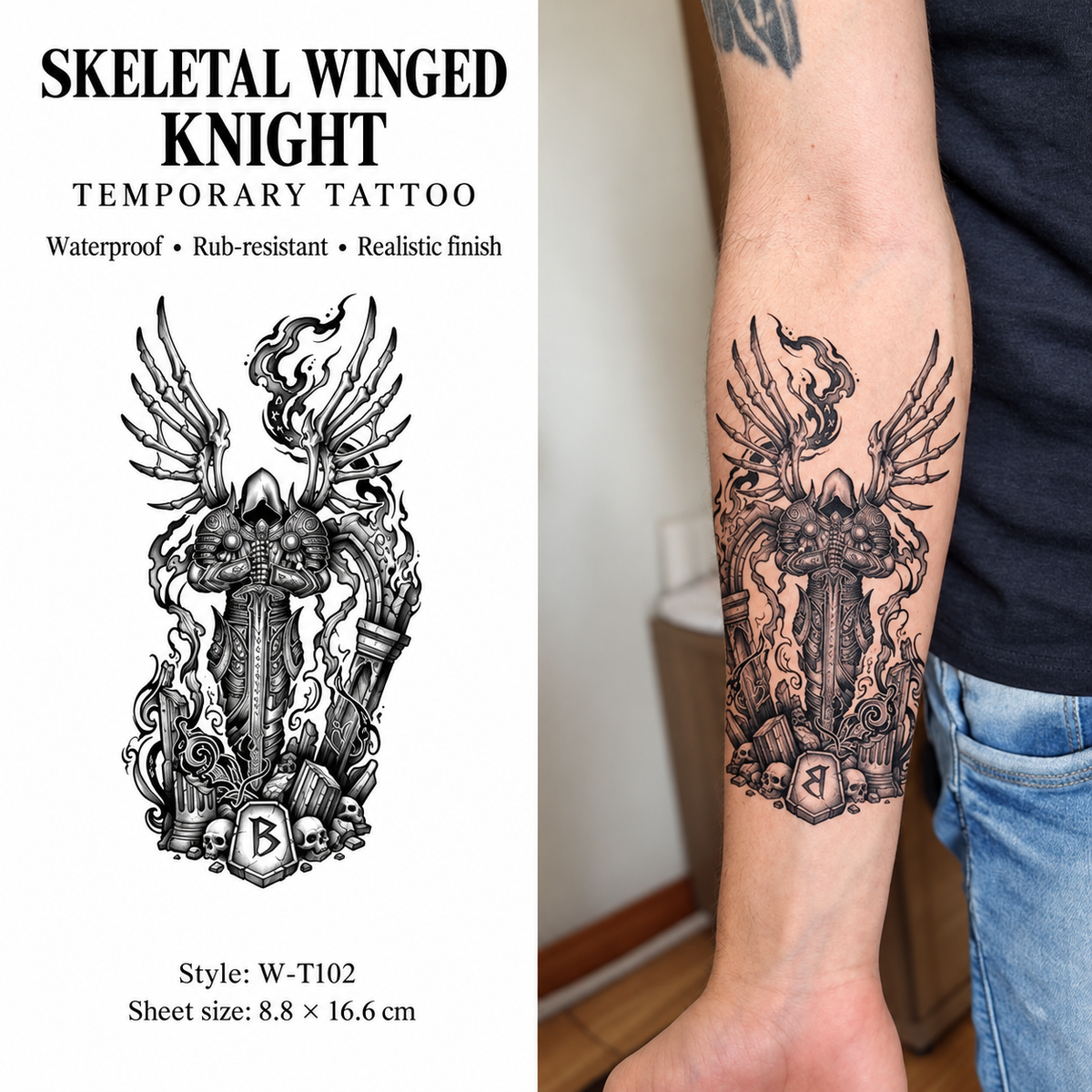 Skeletal Winged Knight Temporary Tattoo