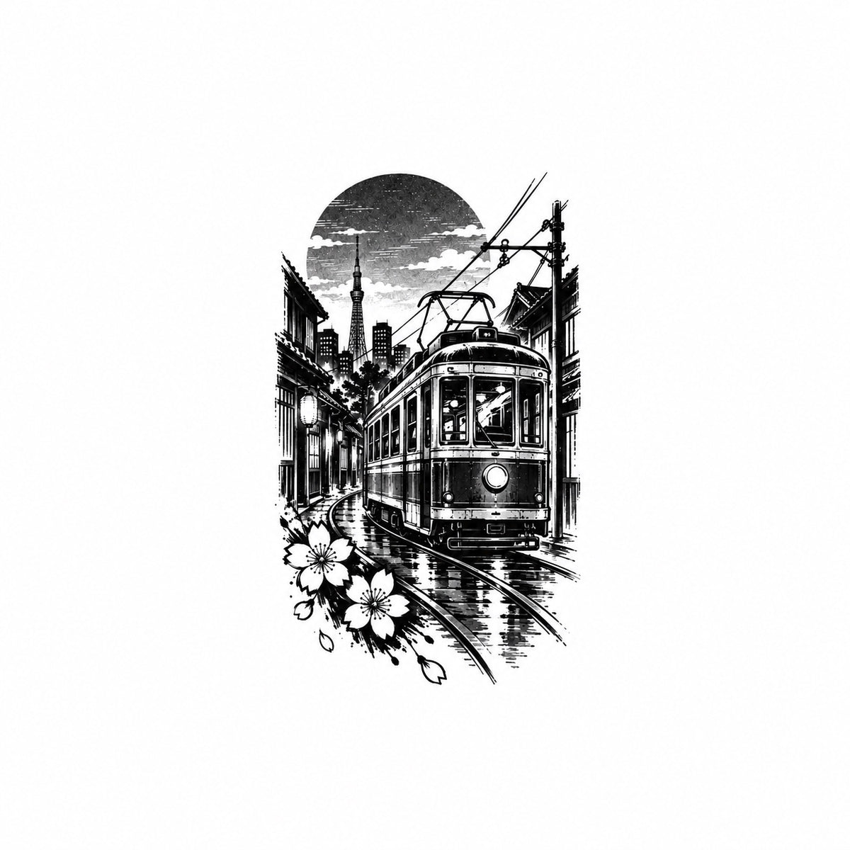 Tokyo Minimalist Night Tram Temporary Tattoo