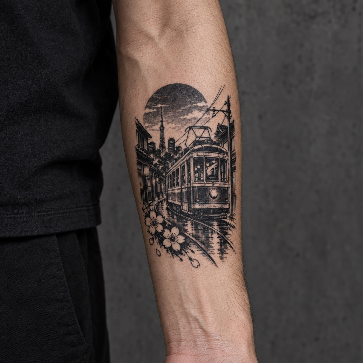Tokyo Minimalist Night Tram Temporary Tattoo