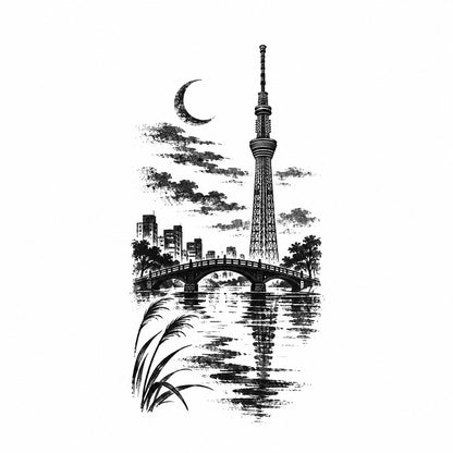 Tokyo Minimalist Skytree Riverside Graphic Temporary Tattoo