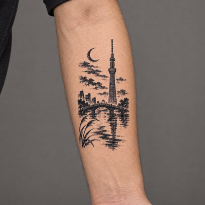 Tokyo Minimalist Skytree Riverside Graphic Temporary Tattoo