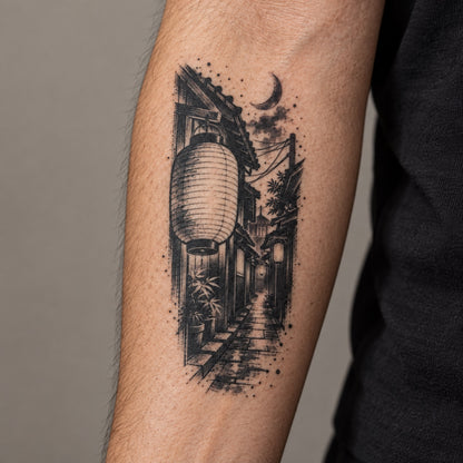 Tokyo Minimalist Alley Lanterns Temporary Tattoo