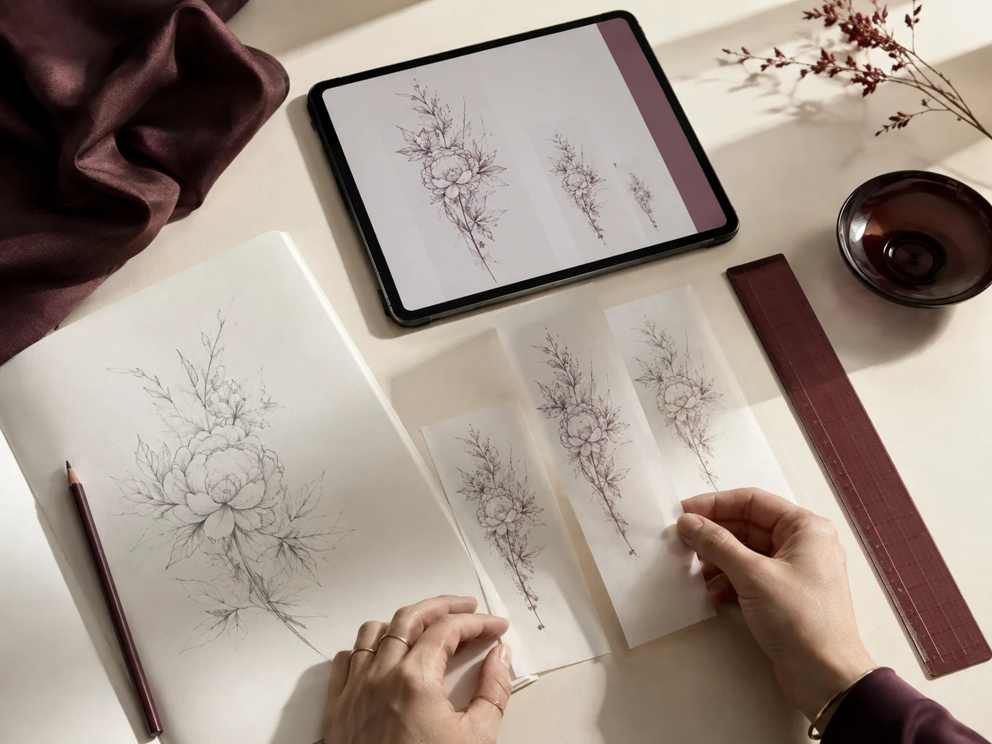 Custom tattoo artwork and size proofs on a studio table